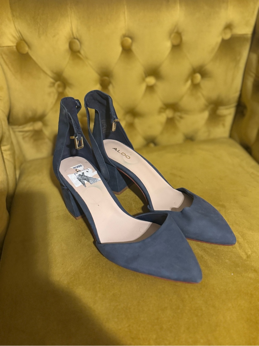 ALDO Navy Blue Pointed Block Heel Pumps with Ankle Strap